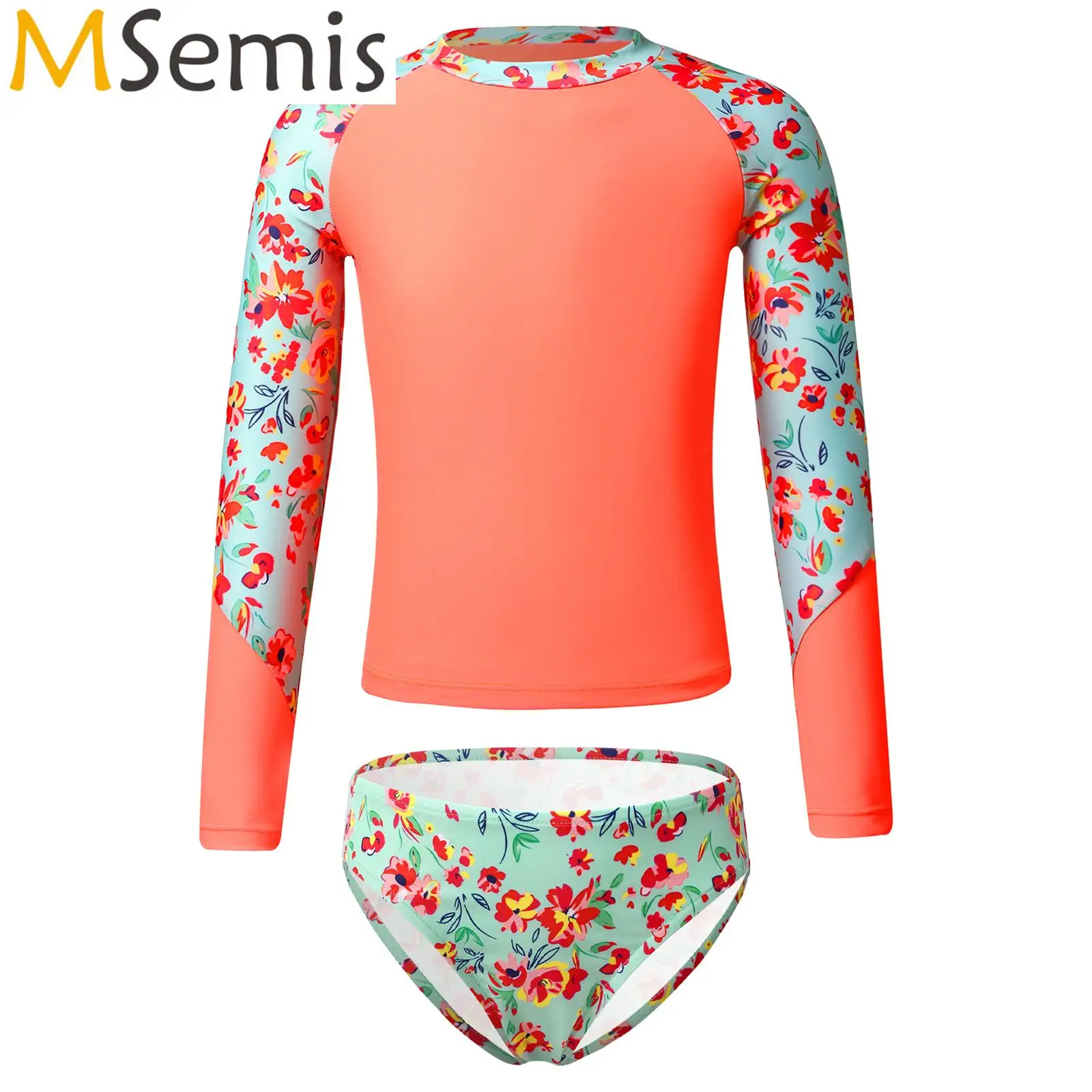 

Kids Girls Printed Swimwear Set Long Sleeve Mock Neck Tops with Briefs Swimsuit Outfit Beach Pool Party Swimming Bathing Suit