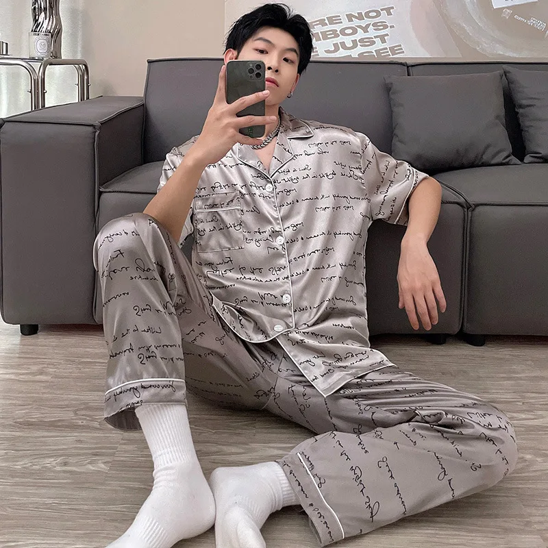Summer new men's short sleeve long pants pajama set cardigan lapel imitation silk comfortable loose loungewear