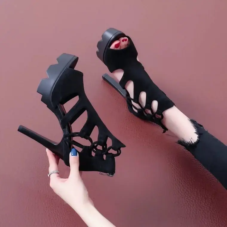 2023 Summer Super High Heels Stiletto Sandals Women's Platform Black Peep Toe Buckle Sexy 11cm Catwalk Show