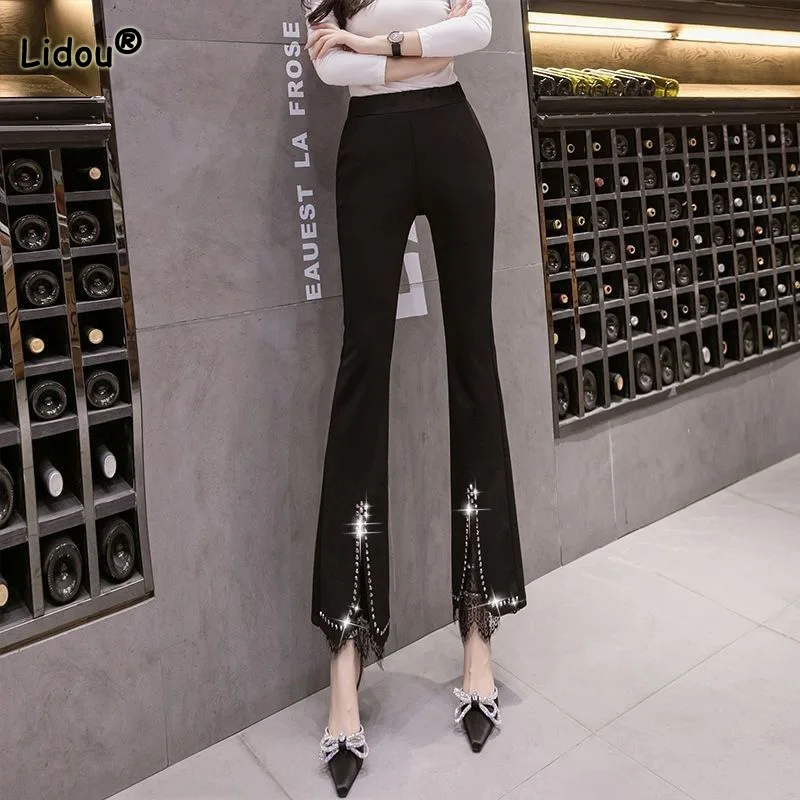 

All-match for Women 2022 Spring Autumn New Lace Patchwork Diamonds Straight Trousers Elastic High Waist Nine Points Flare Pants