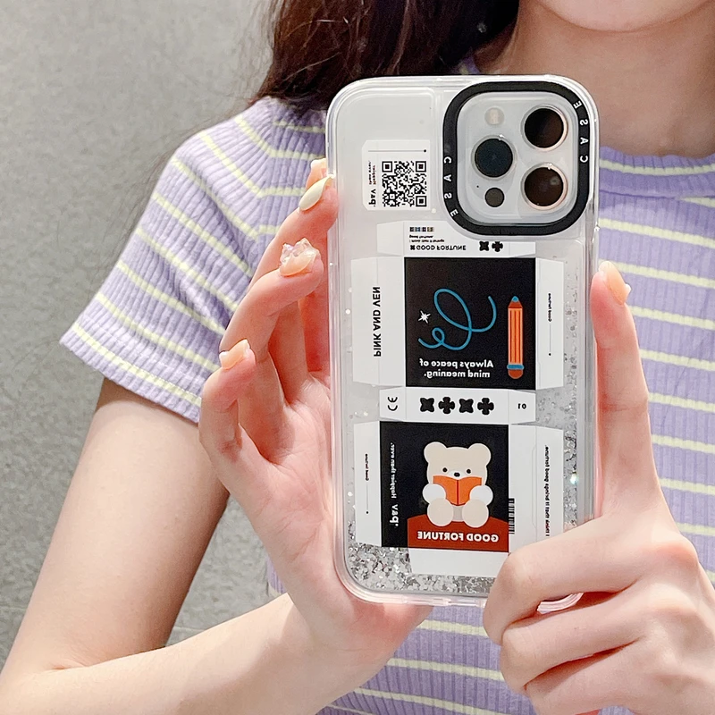 

Cute Cartoon Code Label Animal Bling Liquid Quicksand Phone Case For iPhone 11 12 13 Pro Xs Max Xr X Shiny Stars Glitter Cover
