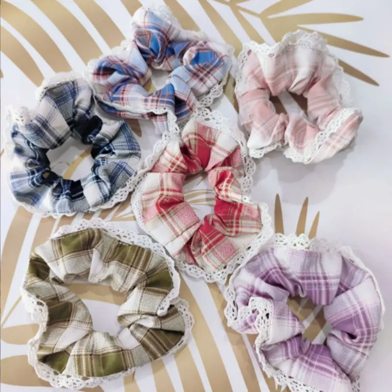 

Classic Elastic Scrunchie Handmade Multicolor Lace Trim Plaid Hair Band Ponytail Holder Hair Accessories for Women