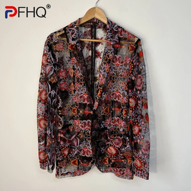 

PFHQ Baroque Bohemian Mesh Embroidery See-through Men's Suit Coat High Quality Elegant Stylish Jacket Free Shipping 2023 Blazer