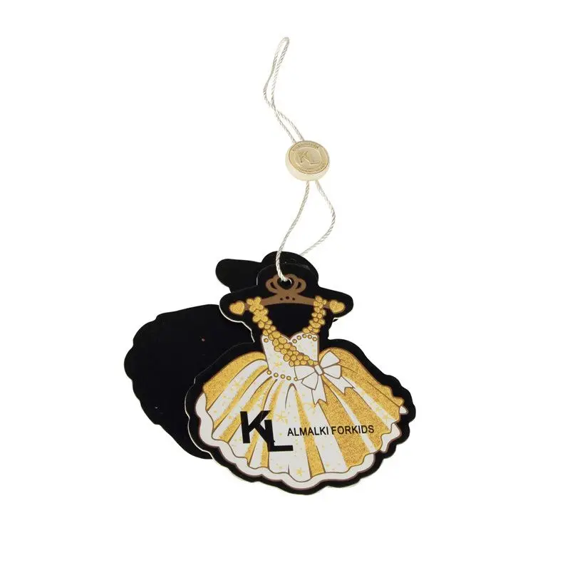 

Promotion Cheap Fashion Print Garment Hang Tags With Strings Special Shaped Die Cutting Hanging Tag Tag VK304