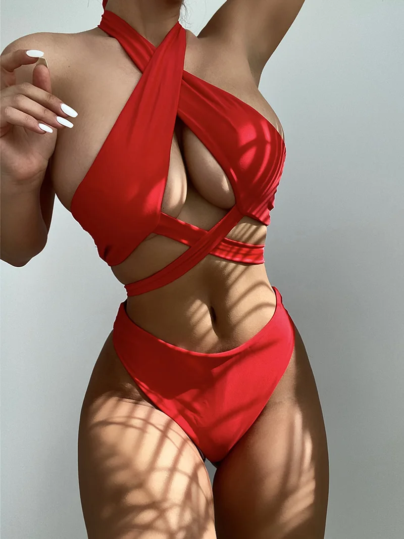 

2022 Summer Sexy Women Neck-mounted Bikini Sets Swimwear Solid Halter Swimsuit Beach Wear Bathing Suit For Female