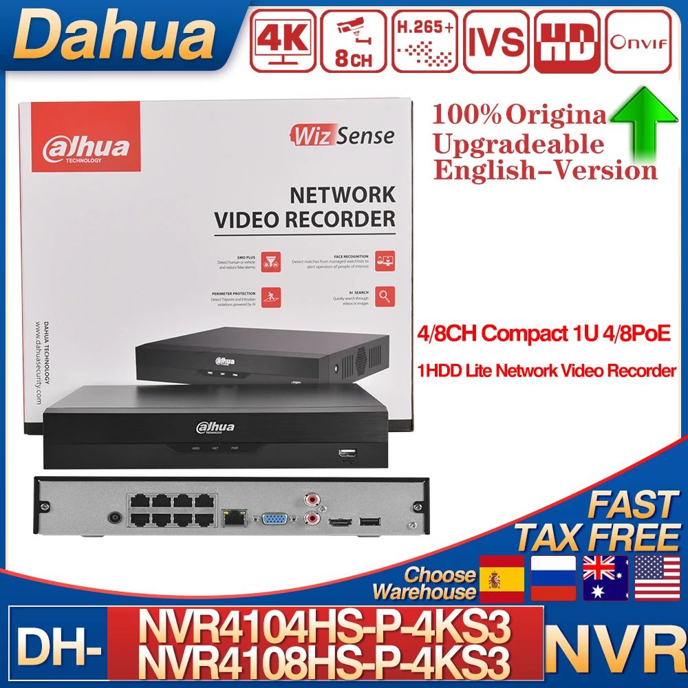 Dahua 4CH 4POE NVR4104HS-P-4KS3 8POE 8CH NVR4108HS-8P-4KS3 Smart Ai Видеорегистратор Поддержка тепла Карта