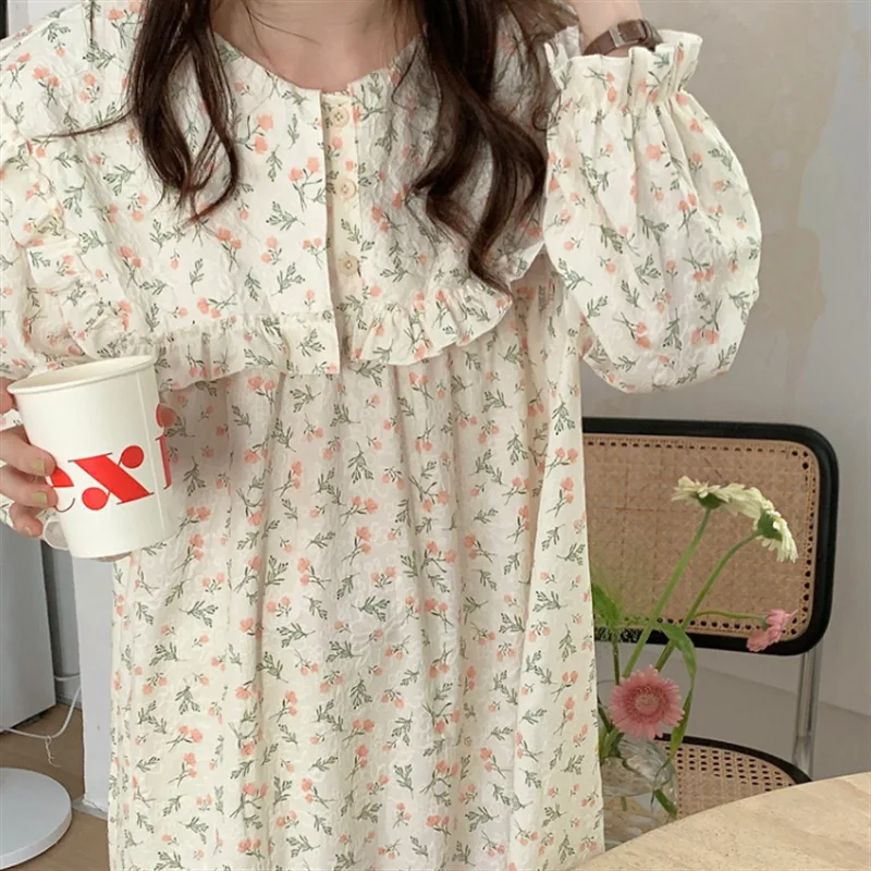New Korean Spring Autumn Nightgown Women Loose Long Sleeve Dress Female Sweet Floral Cotton Housewear Nightshirt Outside Wear