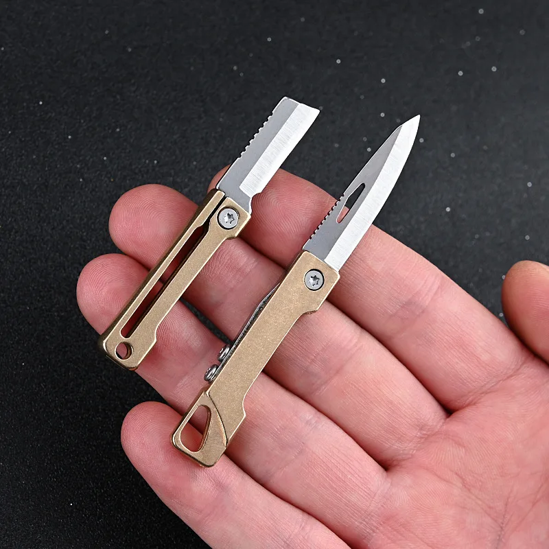 

Brass Mini Folding Knife Sharp Portable Express Knife Key Chain Pendant Portable Pocket Unpacking Self-defense Knife