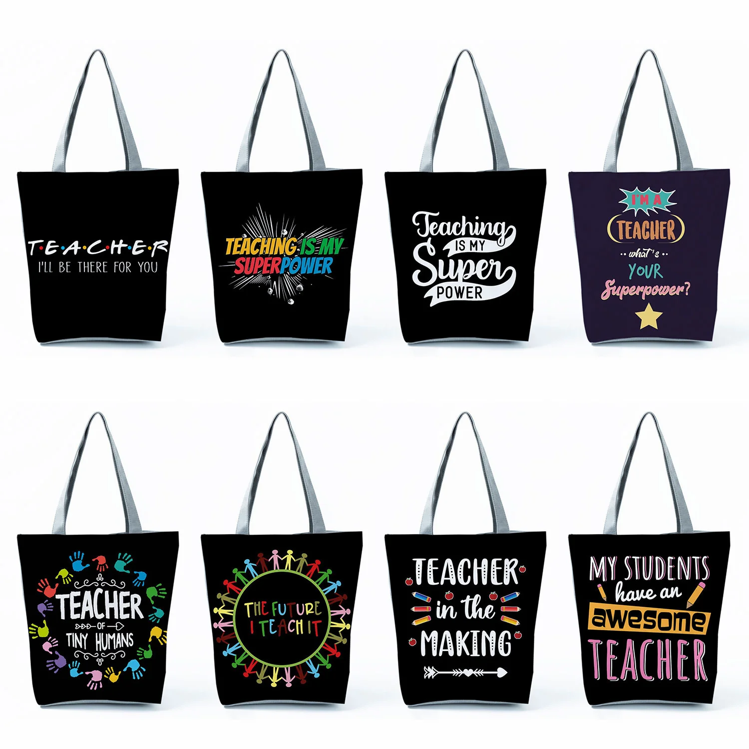 

School Teacher Gift Handbags For Women Colorful Letters Print Tote Bag Fashion Travel Beach Shopper Shoulder Bags Customizable