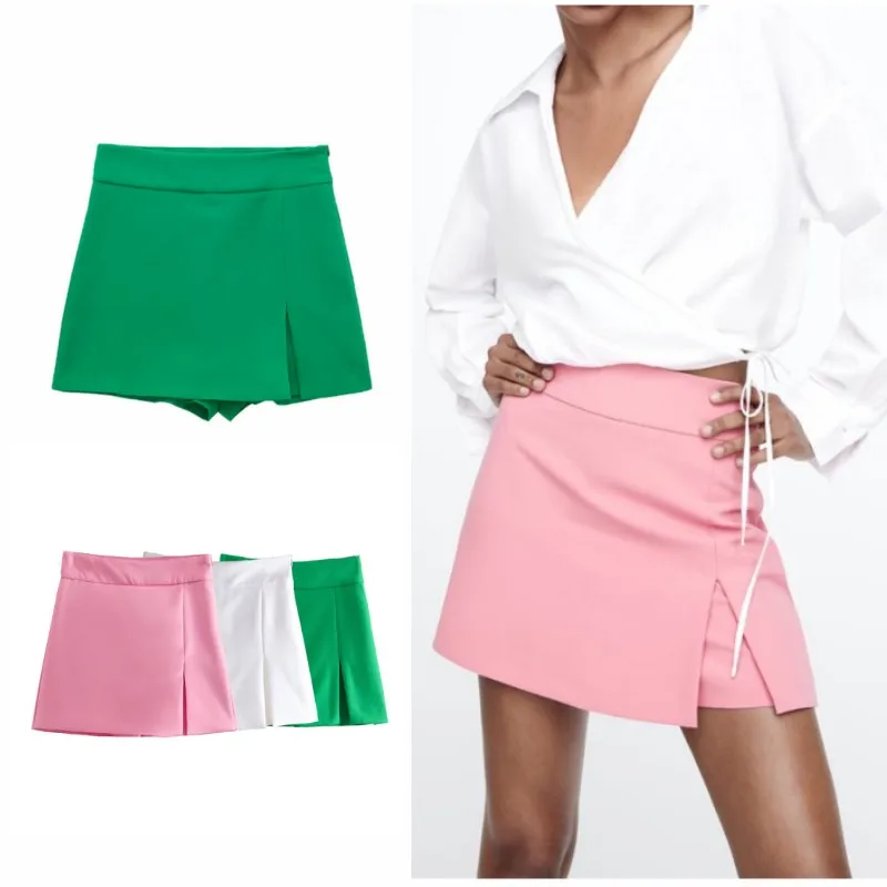 RDMQ 2023 Women Sring Fashion Front Slit Green Shorts Skirts Vintage High Waist Side Zipper Female Skort Mujer