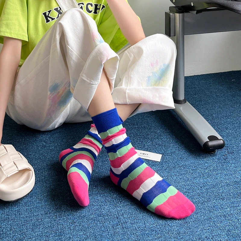 Spring/Summer New Socks with Stripes in the Middle Tube, Korean Student Pile Socks, Pure Cotton