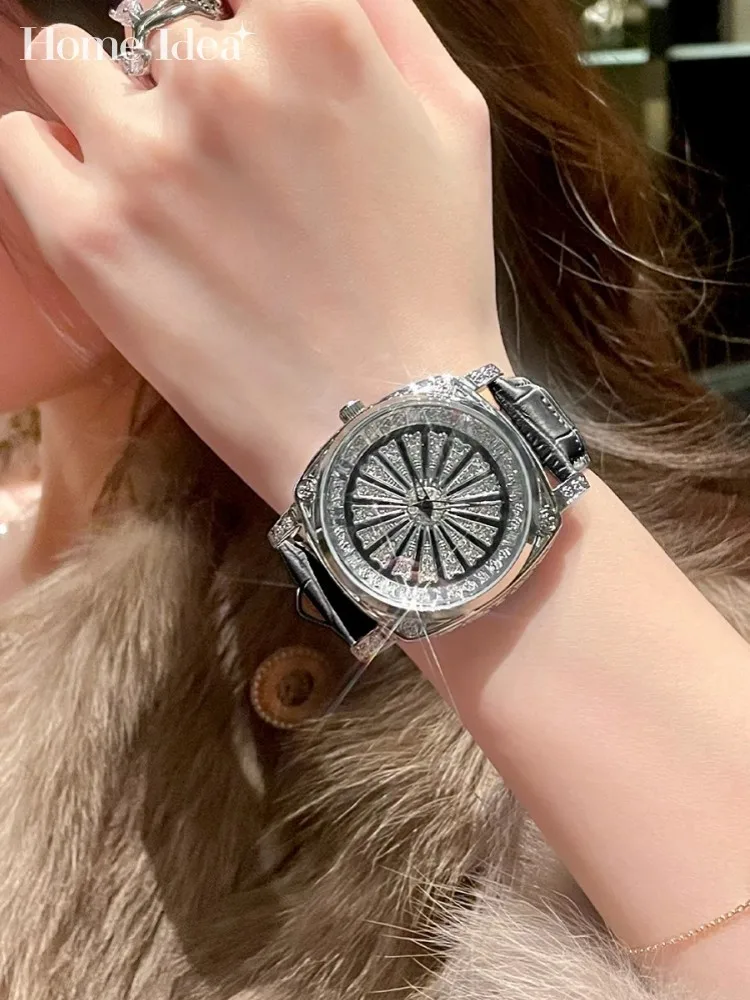 Модные женские кварцевые часы с блестящими бриллиантами из натуральной кожи