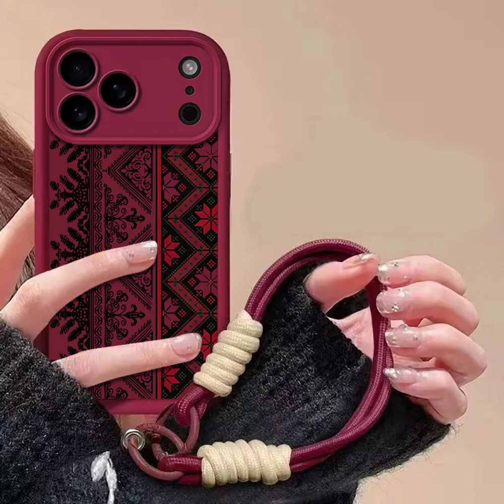Фото Чехол для iPhone 16 17 Pro Max, iPhone 11 12 13 ProMax 14 15 Plus в европейском этническом стиле с ремешком на руку и шнурком (Fundas) №2