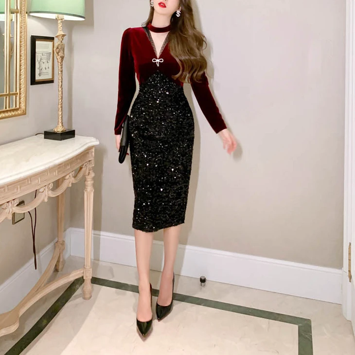 

2021 spring new retro velvet patchwork slim Sequin dress Polyester Office Lady Sheath Solid