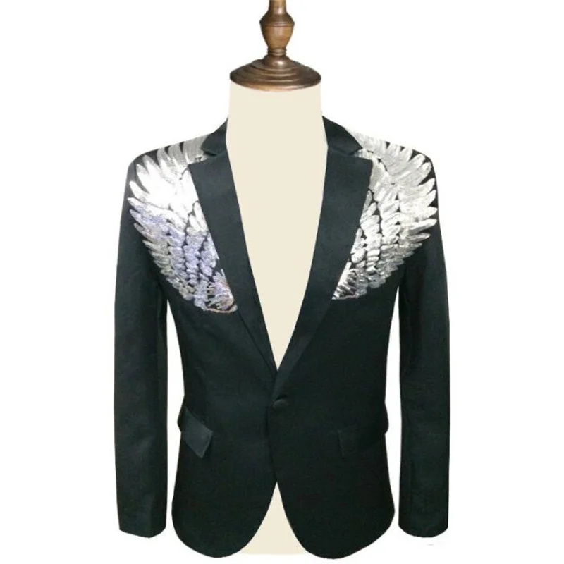 Sequins suit mens blazer personality double wing suits masculino homme stage costumes for singers men clothes dance black white