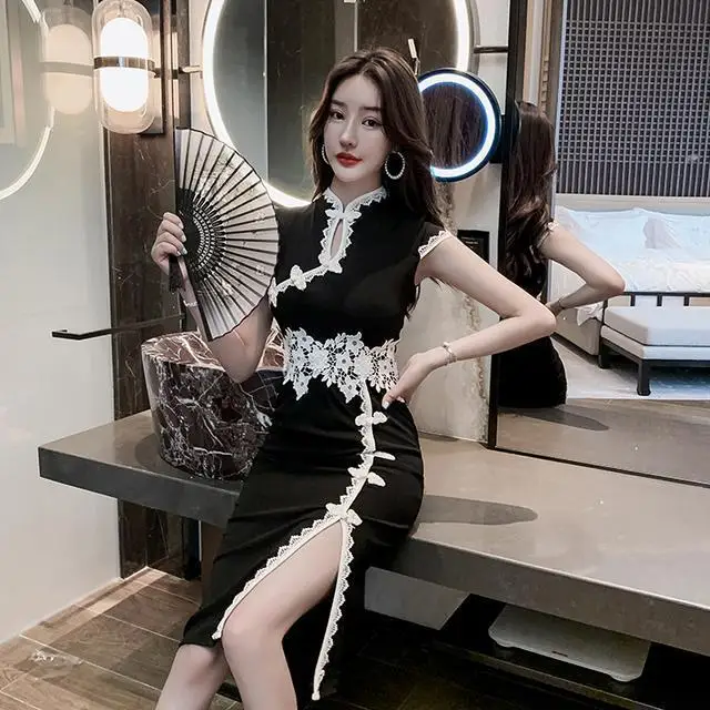 

2023 traditional chinese dress women cheongsam dress vestidso mandarin collar vintage flower qipao sexy evening party dress