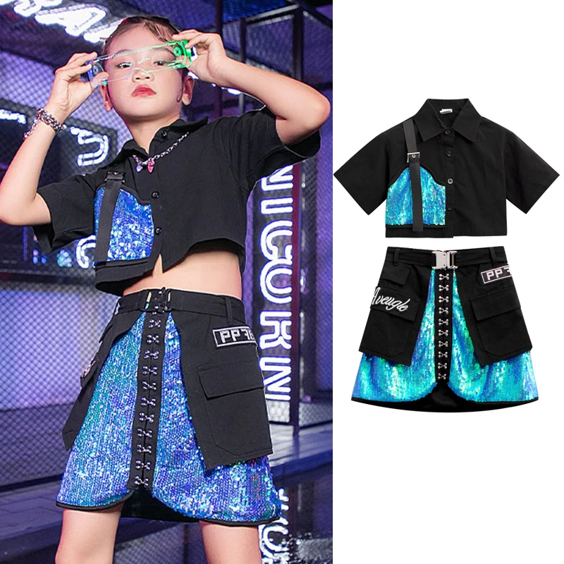 

Children Ballroom Stage Sequins Suit Kids Cool Hip Hop Clothes For Girls Jazz Dance Outfit Street Dancing Costumes XS4409