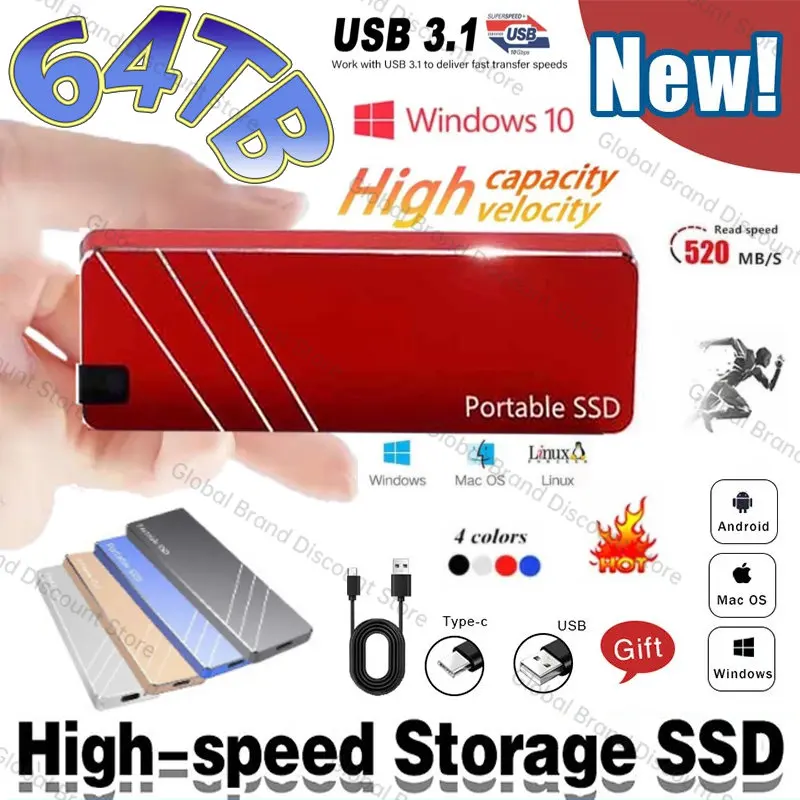 

NEW Original 64TB Portable SSD High Speed 2TB 8TB 16TB External Solid State Drive disco duro USB3.1 Type-C Hard Disk for Laptop