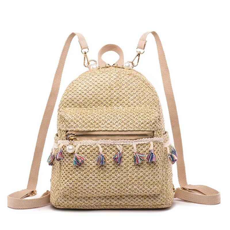 

Женский рюкзак для девочек-подростков, Летний Пляжный соломенный Плетеный рюкзак с кисточками, женская повседневная школьная сумка на плеч...
