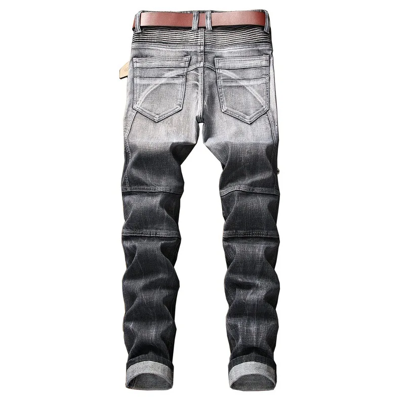 Streetwear Mens Jeans Street Fashion Trend Motorcycle Personality Folded Stretch Jeans Full Length Denim Pants Casual Trousers