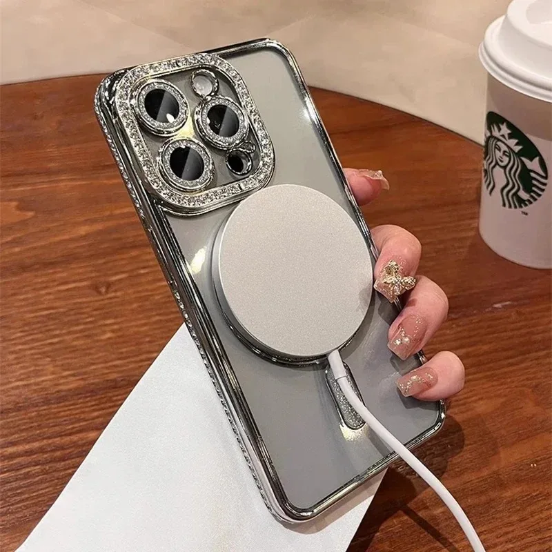 Фото New Fashion Glitter Diamond Transparent Case For iPhone 16 15 14 13 11 12 Pro Max 16 Plus Magnetic Wireless Charge Bumper Cover №5