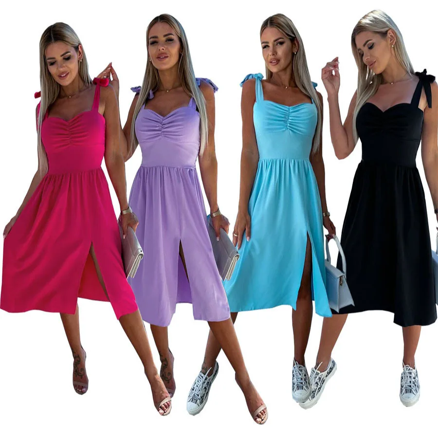 Женское летнее платье без бретелек с открытой спиной и разрезом