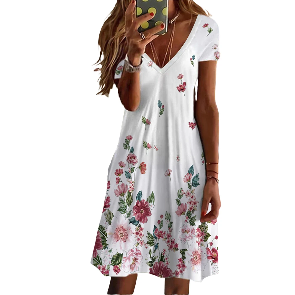 

Women's V Neck Ruffle Polka Dot Pocket Loose Swing Casual Short T-Shirt Dress