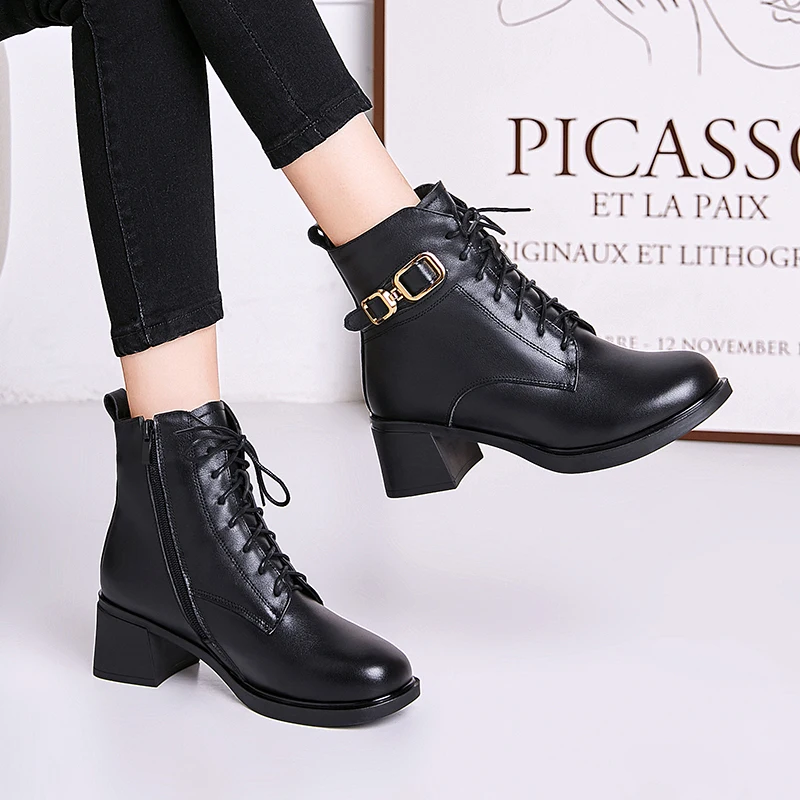 AIYUQI Winter Boots Women Wool Warm 2023 New Genuine Leather Women Marton Boots British Style Lace-up Large Size Booties Women