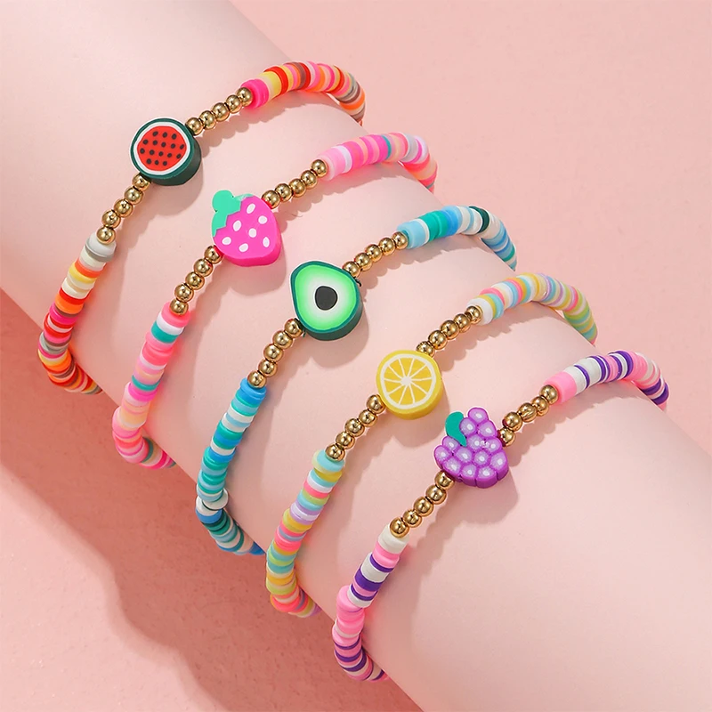 

5Pcs/set Polymer Clay Fruit Charm Handmade Bracelet for Teens Girls Children Friendship Party Birthday Jewelry Gifts