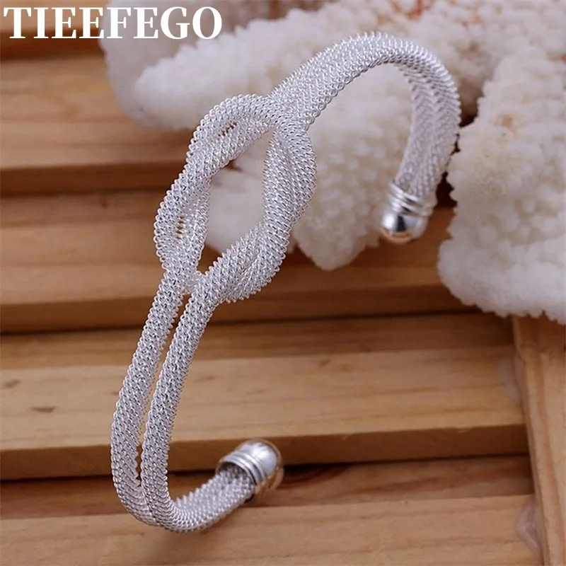 

TIEEFEGO 925 Silver Women Jewelry High Quality Jewelry Fashion Exquisite Knotted Net Circular Open Bangle Bracelet