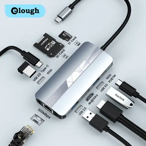 Elough USB-концентратор с Type C на HDMI-совместимый RJ45 VGA SD-ридер PD 100 Вт Зарядное устройство USB 3,0 концентратор для MacBook Pro док-станция разделитель