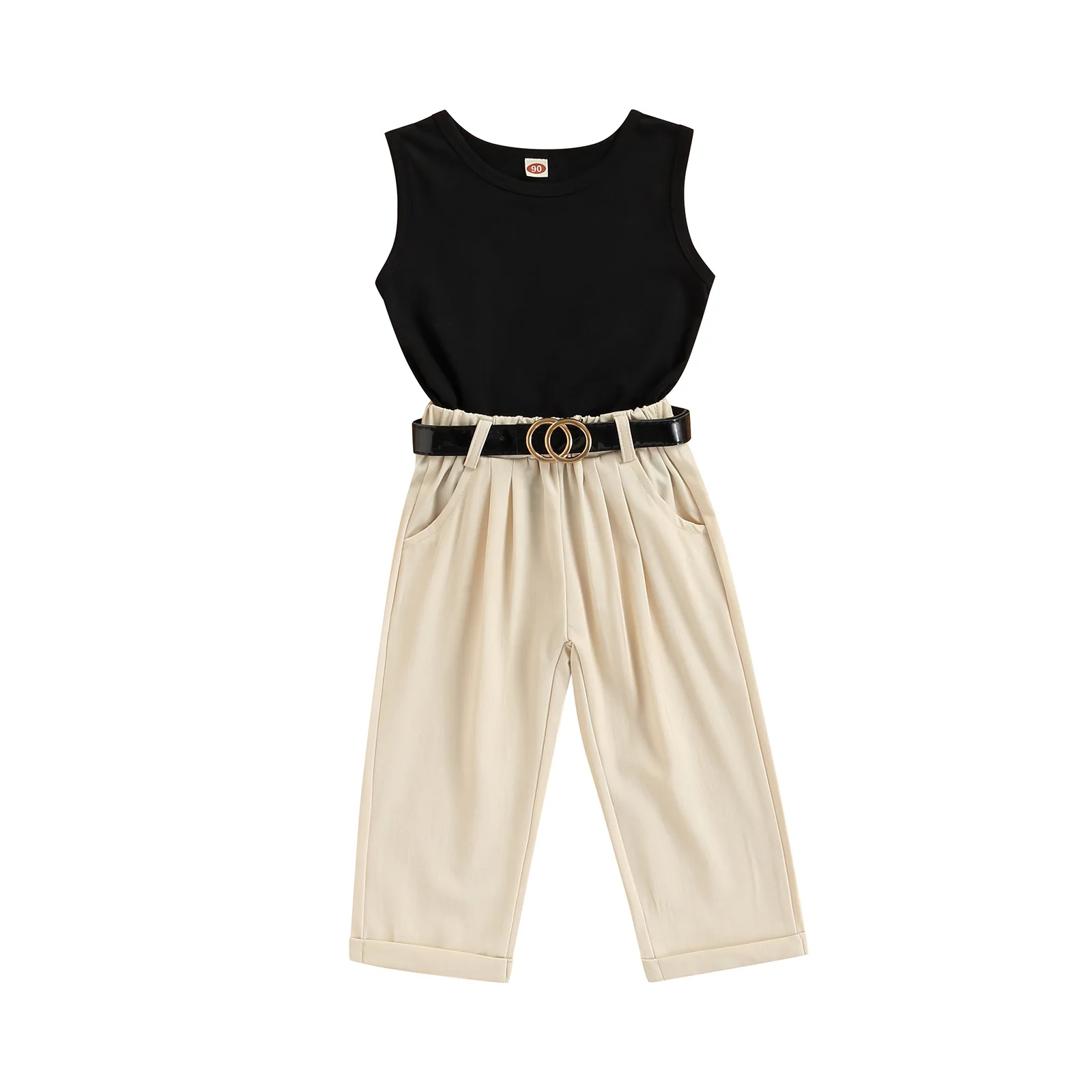 

3Pcs Cool Baby Girls Clothing Summer Outfits Kids Round Neck Sleeveless Tank Tops Casual Pants with Pockets Waist Belt 1-6 Years