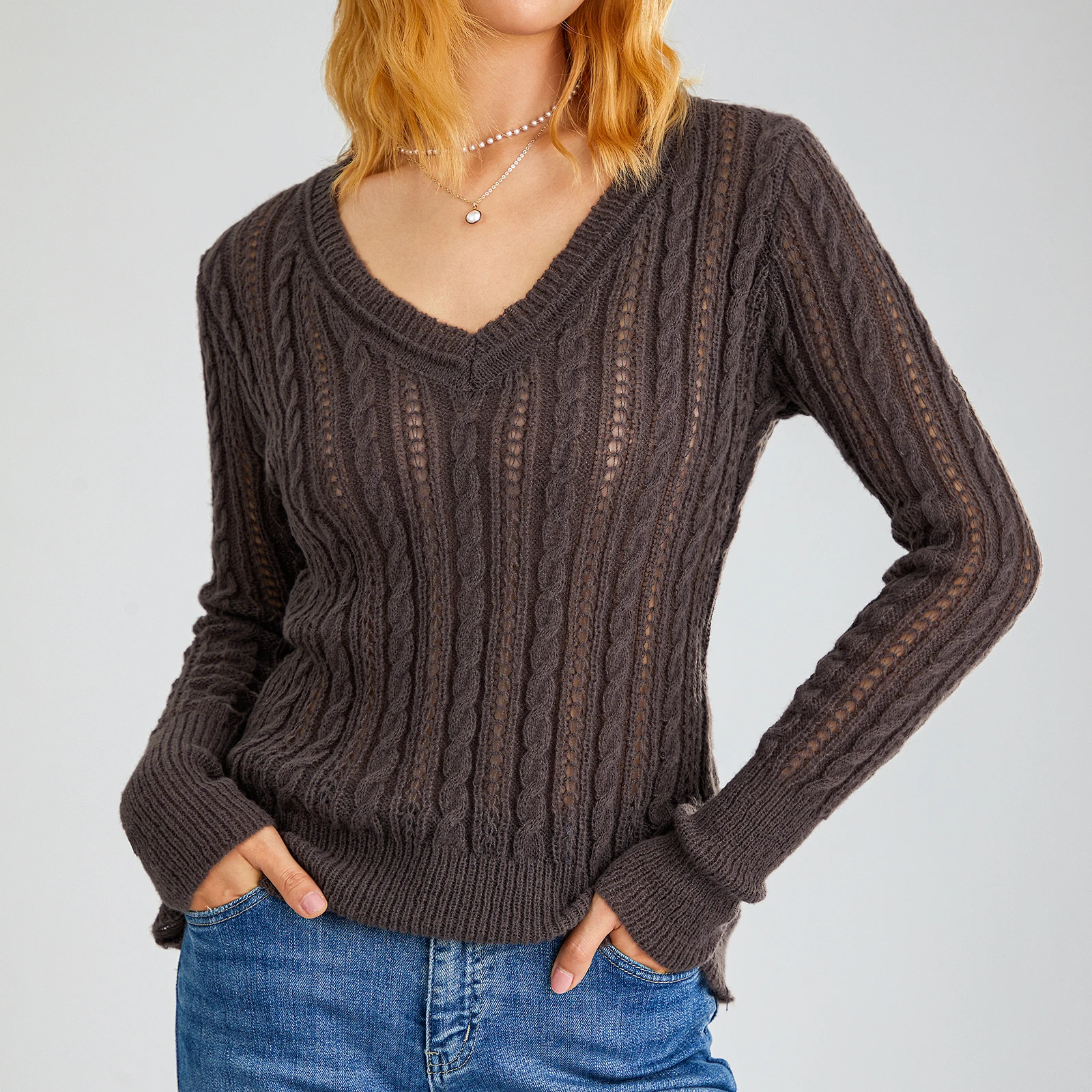

Women’s Long Sleeve Knitwear Solid Color Hollow out Twist Jacquard V-Neck Slim Fit Tops for Spring Autumn