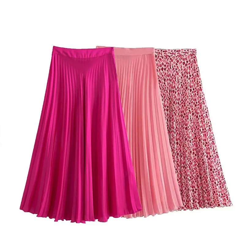 

Women 2023 Autumn New Fashion Pleated Midi Skirt Vintage A-Line Side Zipper High-Waisted Female Skirts Mujer