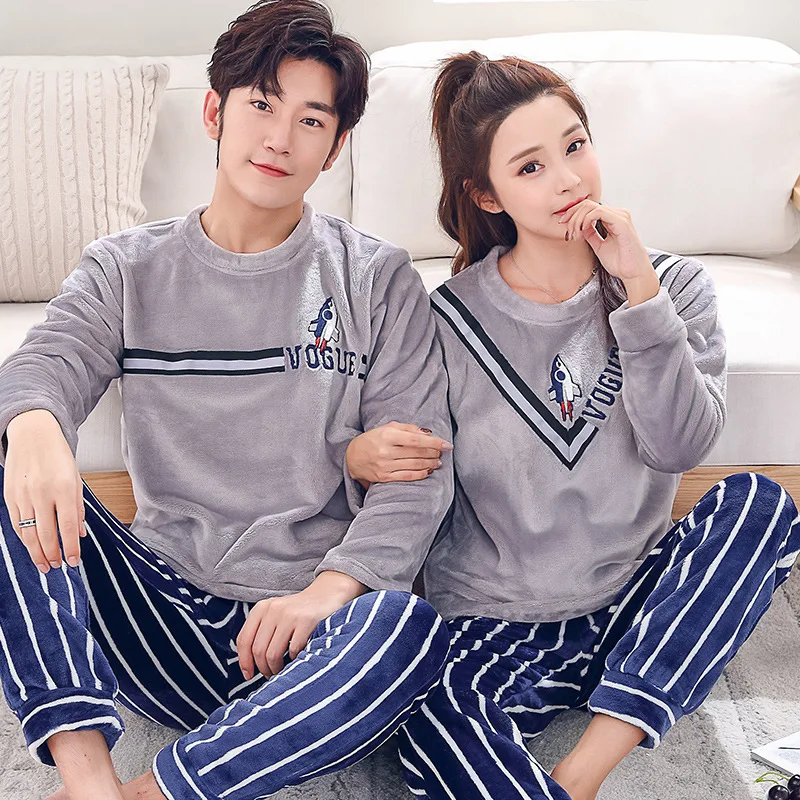 Flannel Pajams Set for Couple Men and Women's Cardigan Pajamas Suit Winter Thickened Coral Fleece Home Service pijama mujer