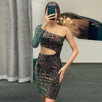 glitter sequin cocktail gowns mini one shoulder sparkly cocktail gowns long sleeves sheath sexy sexy party gowns for women 2022