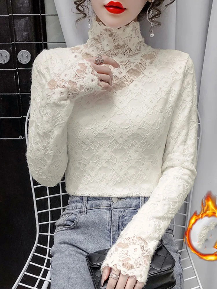 

Frosted lace top for Autumn/Winter 2022 for women with high neck and velvet thickened inner mesh hollowed-out primer
