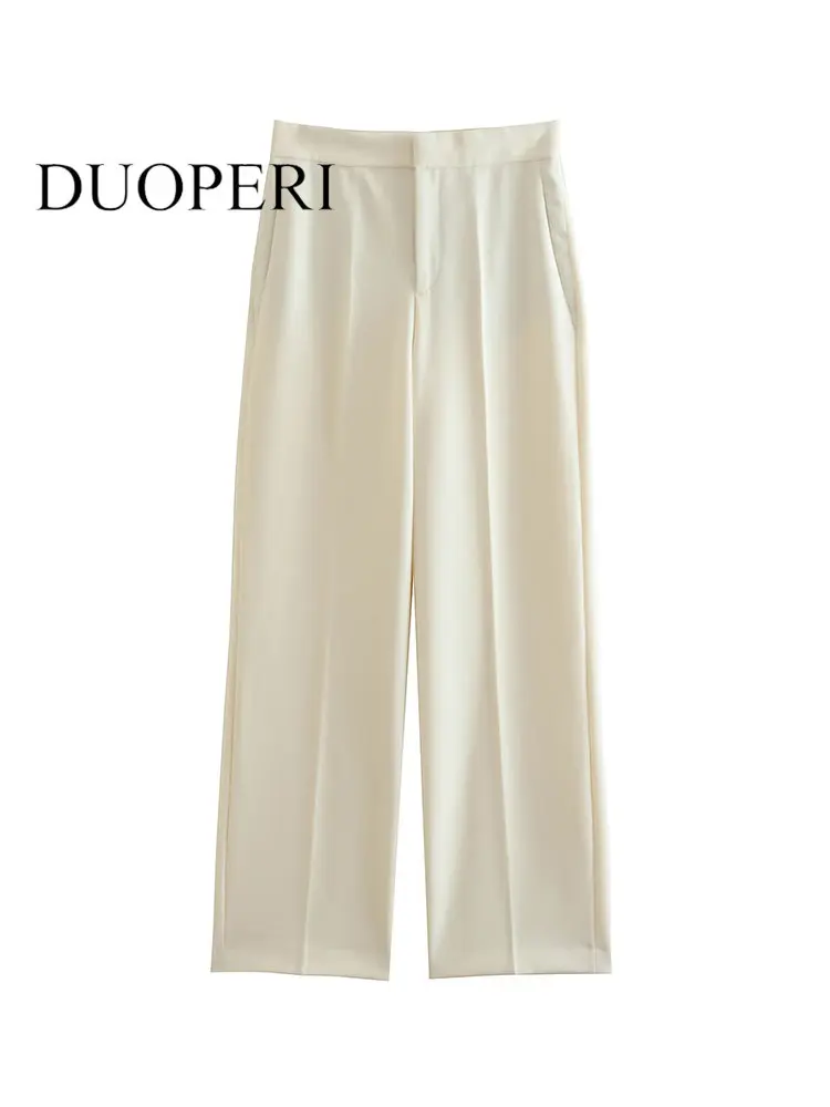 

Женские модные однотонные брюки DUOPERI на молнии спереди, винтажные женские шикарные прямые брюки с высокой талией