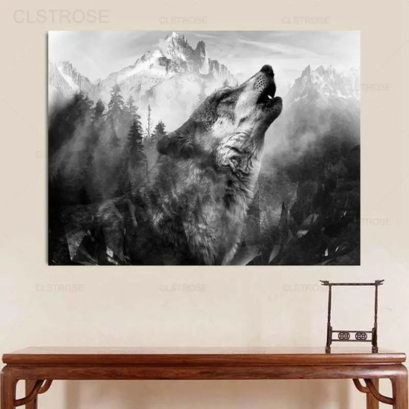 

Animal Wolf Canvas Painting Nordic Office Black and White Wall Art Poster Modern Modular Picture Home Decor Bedroom Living Room