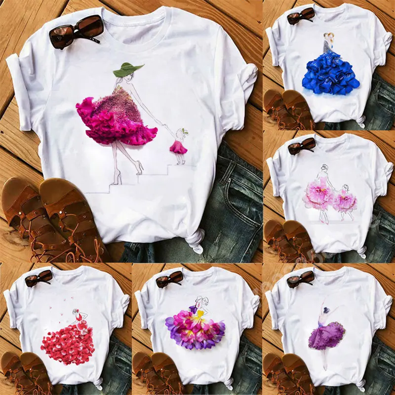 

Flower Skirt Mom Girl T-Shirts Harajuku Women's Clothing Fashion Casual Short Sleeve Tops O-neck Casual Summer Female T Shirt