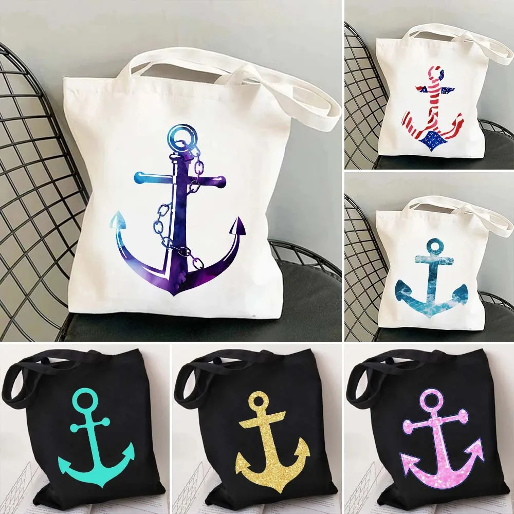 

American Flags Gold Glitter Anchor Symbol Lost at Sea Ocean Women's Canvas Shopper Cotton Tote Bags Shopping Shoulder Handbags