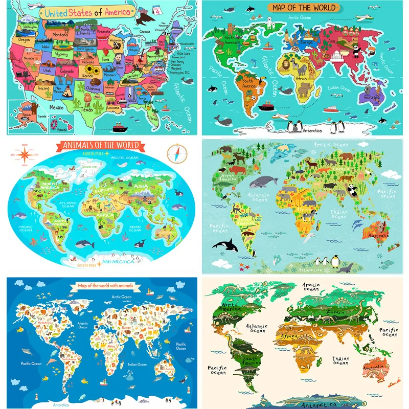 

Vinyl Photography Backdrops Props Physical Map of The World Kids World Map With Animals and Objects Studio Background 22625-19