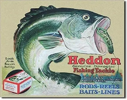 Anjoes Heddon Fishing Fish Lure Tackle Rod Reel Retro Vintage Look Wall Decor Metal Tin Sign 8x12in