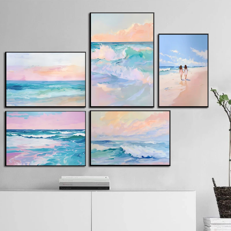 Пейзаж мечтательный розовый картина маслом маленькая девочка прогулка по морю