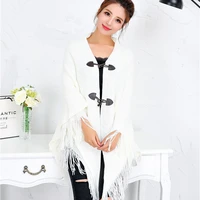 spring autumn new style shawl cape tassel ox horn buckle solid color irregular double layer tassel cloak shawl sunscreen white