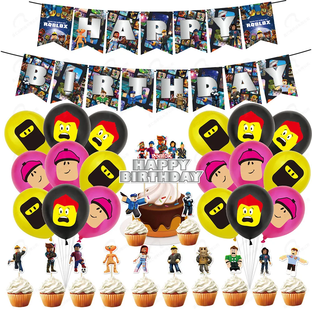 

Game Roblox Themed Birthday Party Decorations Supplies Banner Pull Flag Cake Topper Insert Balloon Set