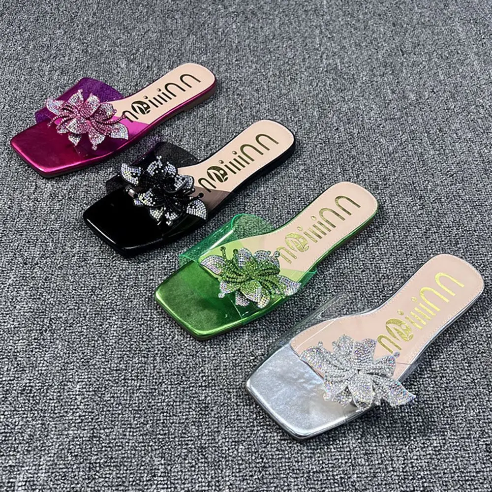 

Women Transparent Slippers Flowers Design Charm Open-toe Set Foot Vacation Beach Flat Sandals Casual Flip Flops Female Shoes