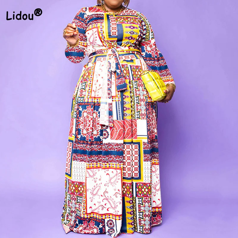 Indie Folk Ethnic O-Neck Pink Long Sleeve Pleated Skirt Vintage Print Bandage Plus Size Maxi Dress Spring Autumn Women Clothing
