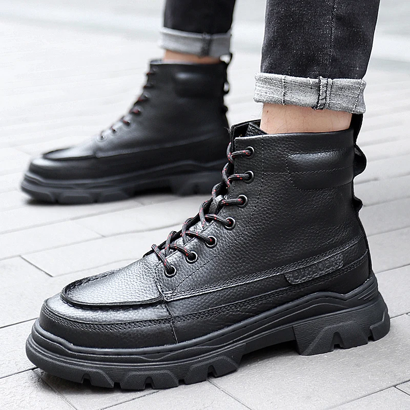 

Осенне-зимние высокие рабочие ботинки для улицы обувь для мужчин однотонные на шнуровке на толстой подошве мужские ботинки модные Нескользящие удобные