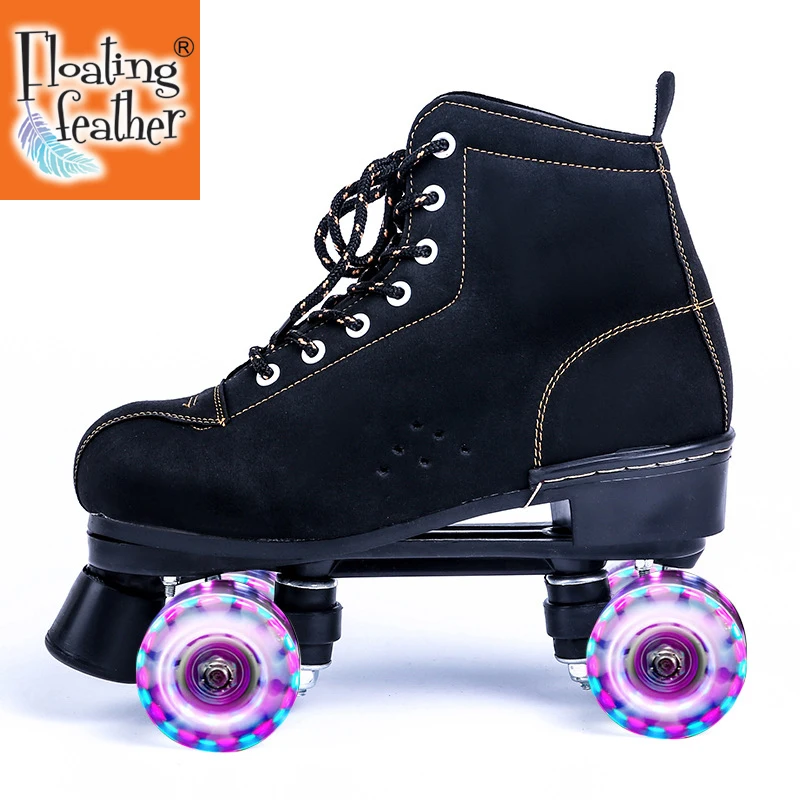 Черные роликовые коньки Lether, обувь, 4-колесные двухрядные флэш-ботинки для улицы, обувь для взрослых, мужчин и женщин, патина, европейский раз...